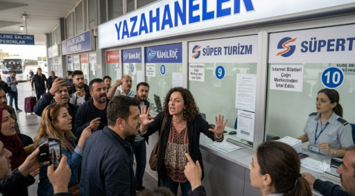 Otogar yazıhanesi önünde bağırış çağırışla çalışanların motivasyonunu bozan ve haksız yere kaos başlatan agresif yolcu.